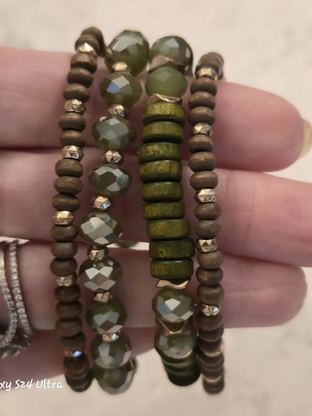 Source Unknown Olive Green and Brown Beaded Stretch Bracelet Set
